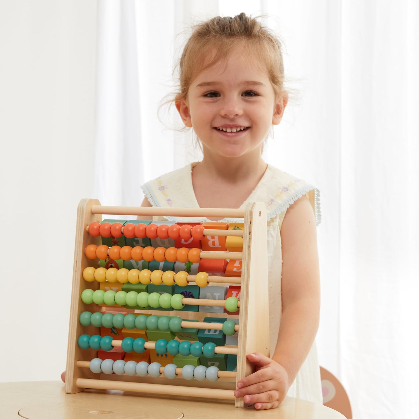 FReniland Wooden Activity Cube - Double-Sided Abacus & Alphabet Flip Tiles for Toddlers 18M+, Educational Counting Toy for Preschool and Homeschool Learning