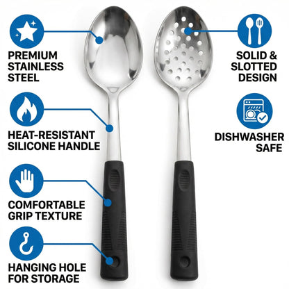 Metal Serving Spoons Set, Large Serving Spoons with Silicone Handles, Stainless Steel Serving Spoon, Slotted Spoon & Soup Ladle Set for Buffet and Home Kitchen (Black)