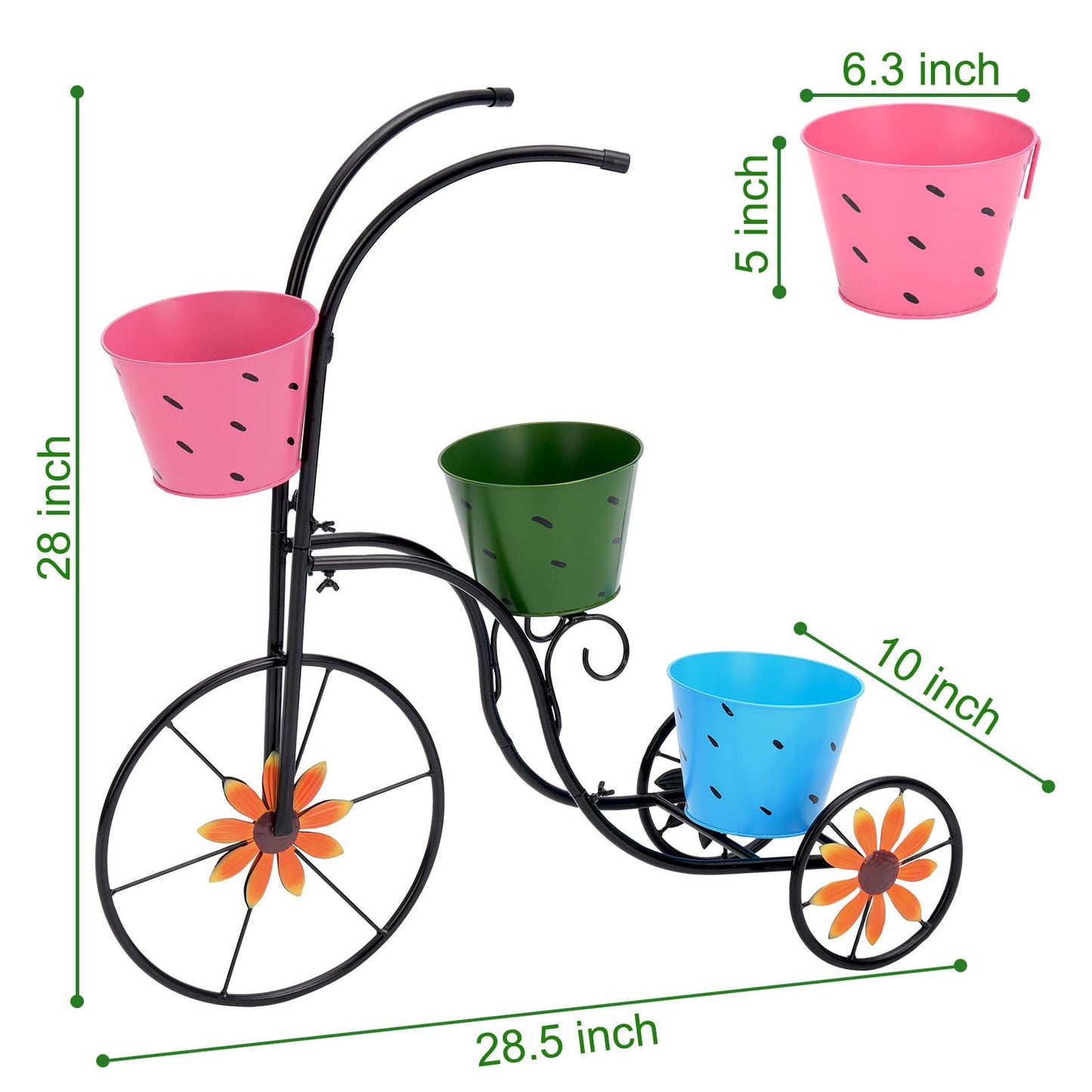 BAYN Bicycle Planter Stand, Metal Flower Pot Cart Holder with 3 Plant Bucket Outdoor Decorative for Patio, Deck, Garden or Lawn