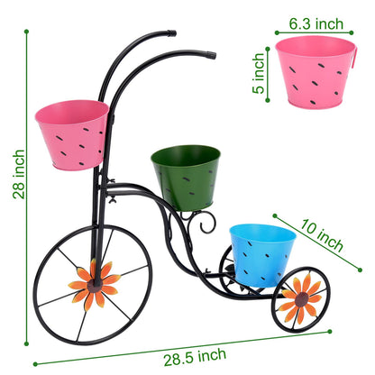 BAYN Bicycle Planter Stand, Metal Flower Pot Cart Holder with 3 Plant Bucket Outdoor Decorative for Patio, Deck, Garden or Lawn