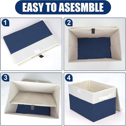 Bagnizer Large 22 Quart Linen Fabric Foldable Storage Bin Cube Organizer Basket with Flip-Top Lid & Handles, Clothes Blanket Box for Home, Office, Closet, Navy Blue & White, 4 Pack 14.6 x 9.5 x 9.5