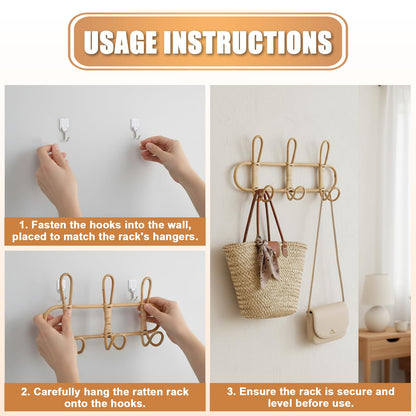 KH866 Boho Rattan Wall Hooks – Handmade Wall Mount Coat & Towel Rack, Natural Beige Hanging Organizer for Clothes, Hats, Towels, and Bags, Perfect for Entryway, Bedroom, Living Room (15.7x7.9 Inch)