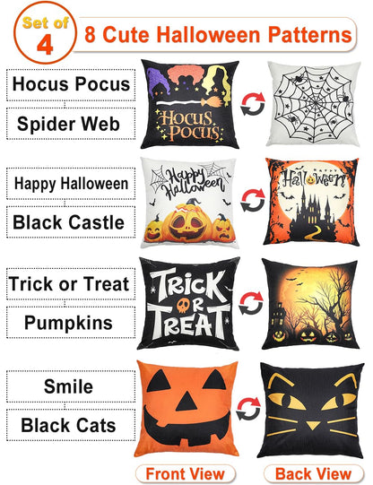 Halloween Decorations Set Of 4 Double-Sided Print Pillow Covers 16" x 16", with 8 Cute Halloween Decor Patterns, Elegant Invisible Zipper, Soft Linen Throw Pillow Covers for Outdoor & Indoor Use