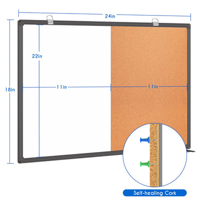 Magnetic White Board and Cork Board Combo, 24 X 18 inches Whiteboard Bulletin Combination Board, Wall Mounted Dry Erase Message Board for Home, School and Office, Black