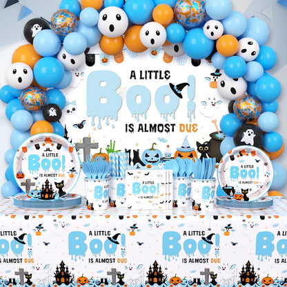 AIBIIN Halloween Baby Shower Decorations for Boys, A Little Boo is Almost Due Blue Balloons Garland Arch Kit with Backdrop Tableware Set for Newborn Party Decor Supplies