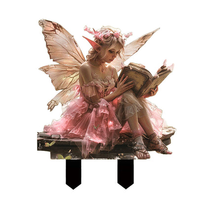 ANNUOZE Fairy Garden Stake Decor, 2D Flat Acrylic Fairy Garden Decor Panel, Elf Yard Sign for Outdoor Indoor Yard Lawn Plants Pots, Fairy Backyard Accessories (Pink Fairy Reading a Book)