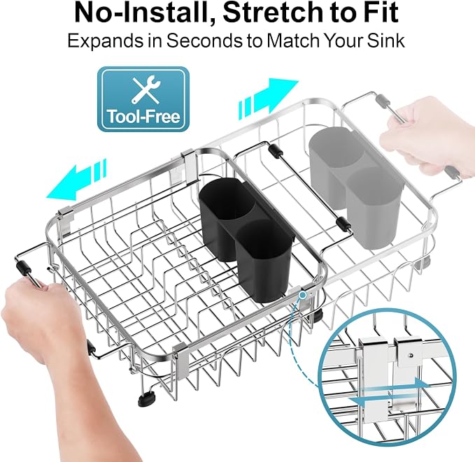 GSlife Small in Sink Dish Drying Rack - Expandable Stainless Steel Compact Over The Sink Dish Drainer with Utensil Holder for RV Kitchen Apartment, Silver