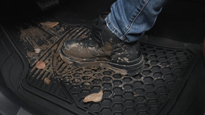 Amazon Basics Heavy Duty Car Floor Mat, PVC Faux Rubber, with Carpet Backing, Universal Deluxe All-Weather Trim to Fit for 95% Automotive SUV Sedans Trucks, 4-Piece, Solid Black