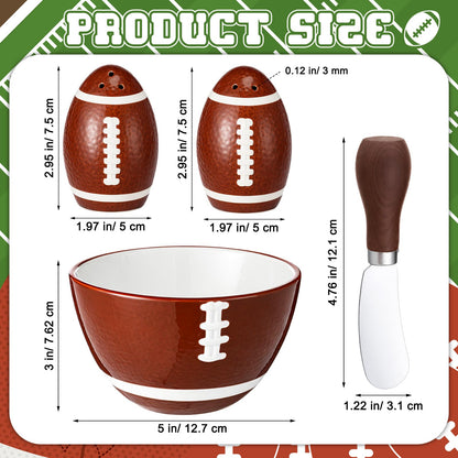 CimoroWin 4 Pcs Football Serving Set Ceramic Bowl Salt & Pepper Shakers And Stainless Steel Spreader for Football Fever Season Sport Lover Party Home Kitchen Dining Table Decoration