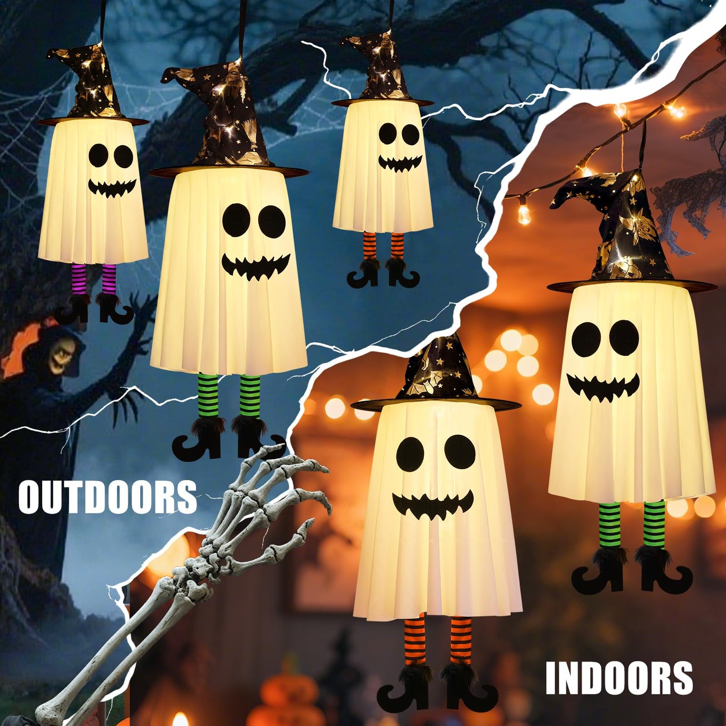 3 Packs Halloween Decorations Outdoor, Hanging Ghosts String Lights Halloween Decor, Spooky Cute Glowing Ghost Witch Hat Lights 3 Modes for Patio Yard Front Porch Tree House Party(18 Batteries)
