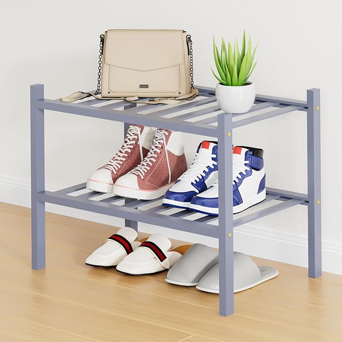Smiry Small Bamboo Shoe Rack, 2 Tier Free Standing Wooden Shoe Organizer, Stackable Wood Shoe Storage Shelf for Closet, Entryway, 12 Vertical Slats, One-piece Standard Legs, 17.3"x11"x13", Grey