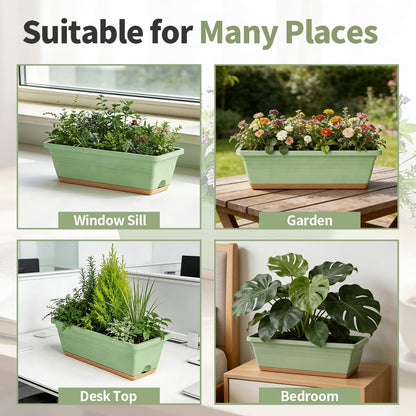 LESOASIS Window Box Planter, 6 Pack Plastic Vegetable Flower Window Planters Boxes 16 Inches Rectangular Flower Pots with Drainage Holes and Saucers (Green)