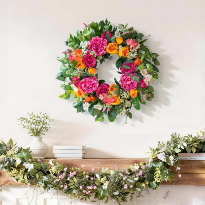 CHvista 24 Inch Spring Wreaths for Front Door Outside,Handcrafted Garden Rose & Peony Style Summer Wreath with Pink,Orange Ivory Flowers- Lush Spring Door Wreath for Farmhouse Home Wall Porch Window