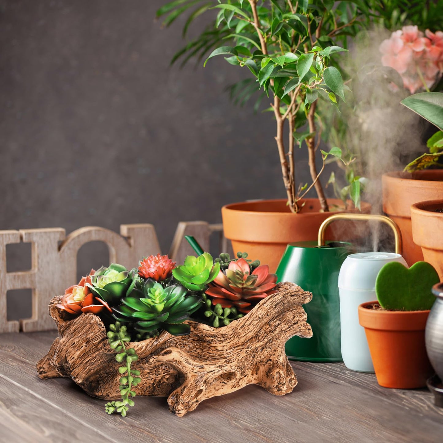 Tebery Artificial Driftwood Stump Log Planter Vintage Cactus Container with Drainage Hole, Creative Imitation Sculpture Resin Succulent Flower Pot for Herb, Strawberry, Small Plants