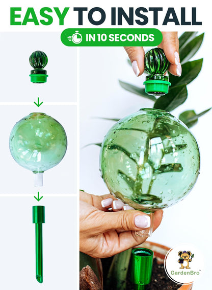 16 Oz Plant Watering Globes for Indoor Plants with Metal Self Watering Planter Insert - Premium XL Glass Hand-Blown Globe - Automatic Plant Waterer Indoor, Gift Idea for Gardeners [1 Globe, Green]