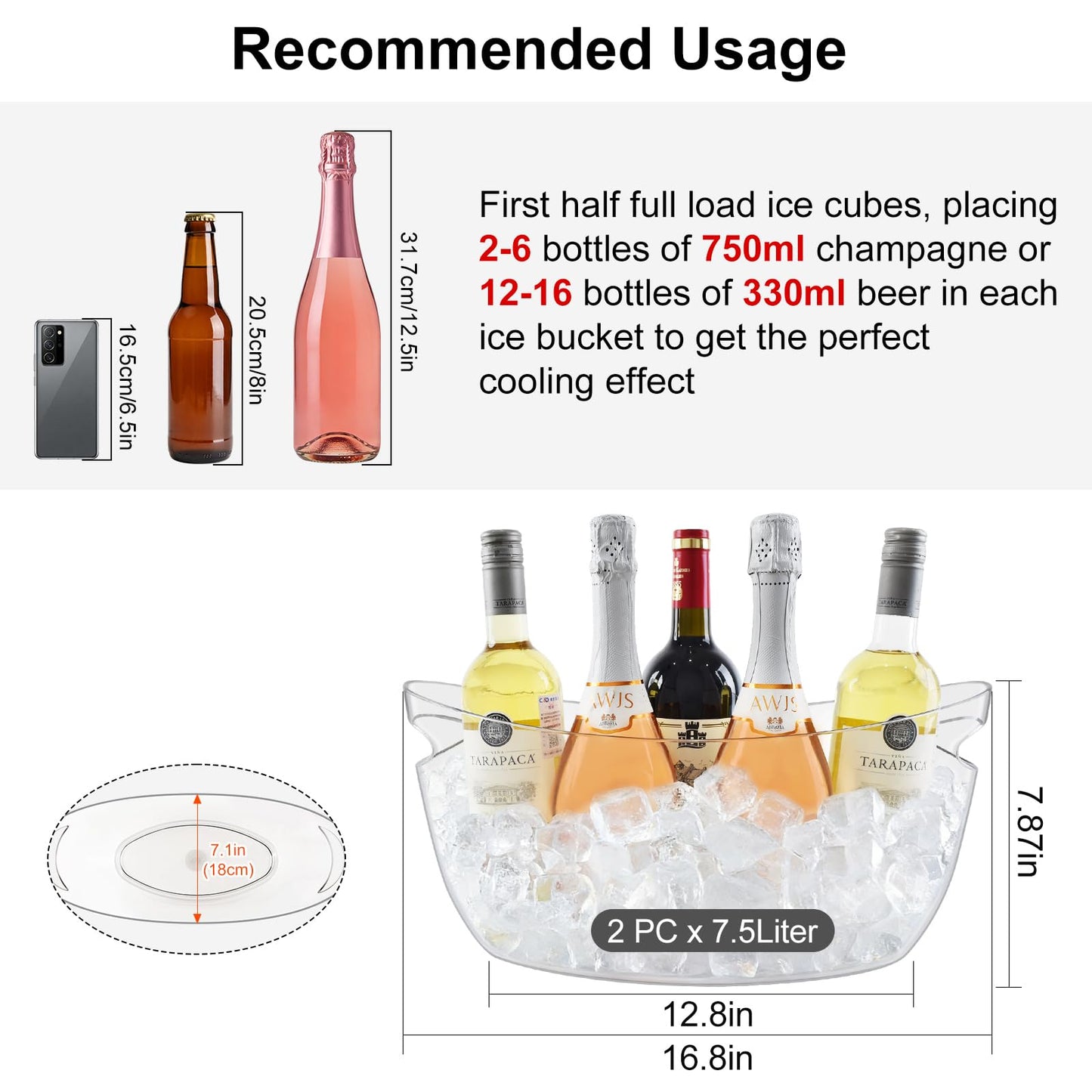 Blaithom 2-Pack Ice Buckets for Parties, 7.5L Clear Acrylic Beverage Tub