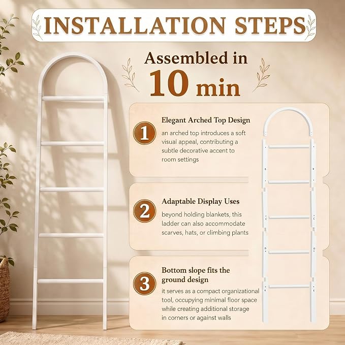 Sintuff Arched Blanket Ladder for Living Room, 5.5ft Wooden Blanket Rack, 5-Tier Natural Leaning Ladder Shelf for Farmhouse Bedroom Living Room Bathroom Decor(Arch,White)