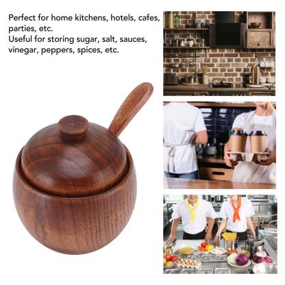 Wooden Salt Box with Lid Spoon, Sugar Bowl Seasoning Container Holder Salt Spice Jar Box Salt Keeper, Pepper, Tea Container for Kitchen Countertop Restaurant