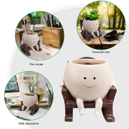 CASANIA Resin Rocking Chair Face Planter Funny Succulent Pots with Drainage Small Smiley Face Plant Pot for Indoor and Outdoor, Home Decor, Ideal Gift for Mother's Day, Christmas, Head Flower Pot