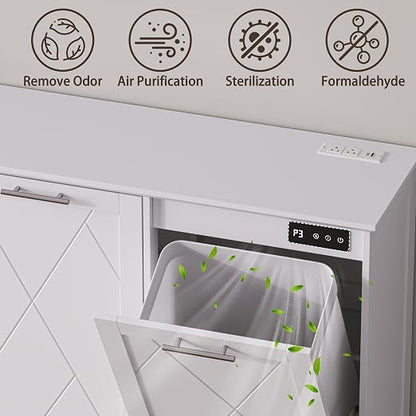Double Tilt Out Trash Can Cabinet with Charging Station, Negative Ion Odor Control, Hidden Dual 10-Gallon Recycling Cabinet, Dog Proof Garbage Can for Kitchen, Laundry, Dining Room,White