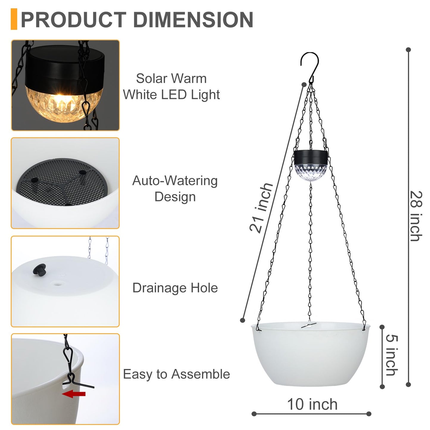 SUNNYPARK 2 Packs Hanging Planters Basket for Outdoor Plants, Solar Powered Self Watering White Round Plastic Flower Pots with Drainer for Balcony Patio Garden Outdoor Decoration