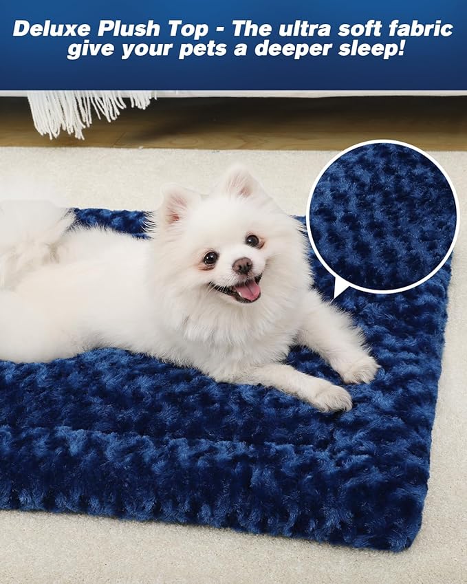 Washable Dog Bed Mat Crate Pad Soft Fluffy Pet Kennel Beds Dog Sleeping Mattress for Large Jumbo Medium Small Dogs, 42 x 28 Inch, Blue