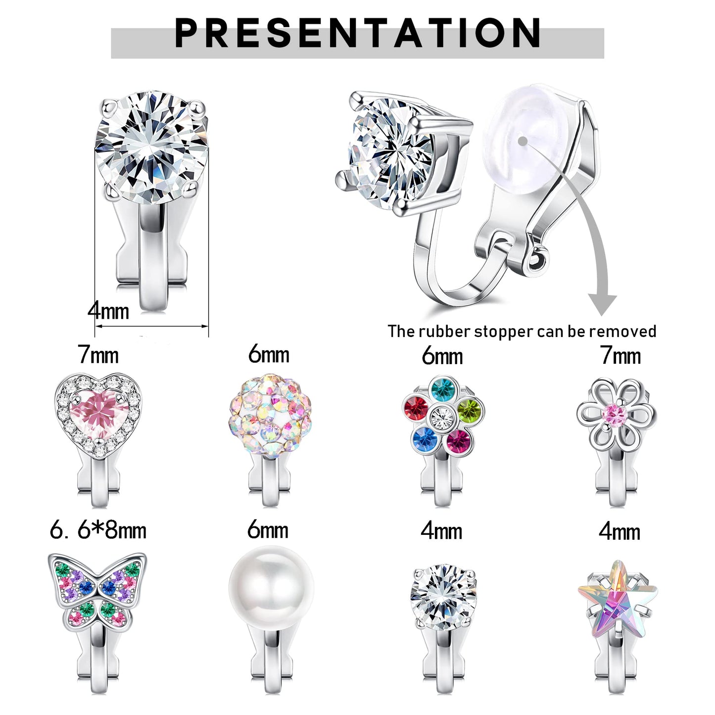 FASACCO 8-10Pairs Clip on Earrings for Girls Colorful Crystal Non-Piercied Earrings Cute Flower Heart Butterfly Pearl Clip-on Earrings
