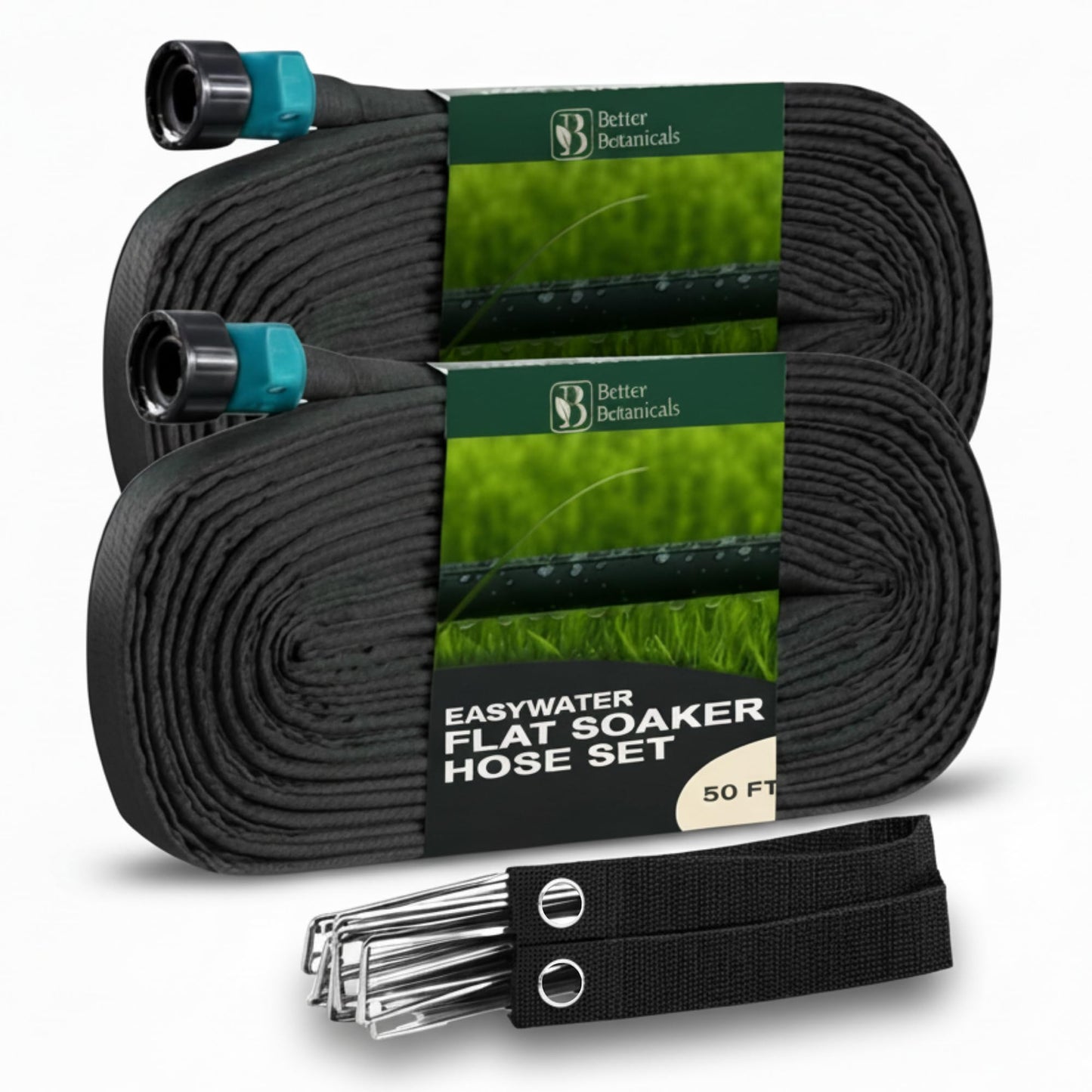 Better Botanicals 100 FT Flat Soaker Hose (2 x 50 FT) – Drip Irrigation for Garden Beds, Raised Beds & Landscaping – Kink-Resistant, Even Watering, Includes 16 Steel Stakes & Storage Straps
