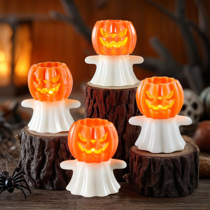 Homemory Real Wax Pumpkin Ghost Lamp, 4 Pcs Flickering Flameless Candles with 6hrs Timer, Spooky Halloween Pumpkin Candles, LED Battery Operated Lights for Home Halloween Decor, Theme Party