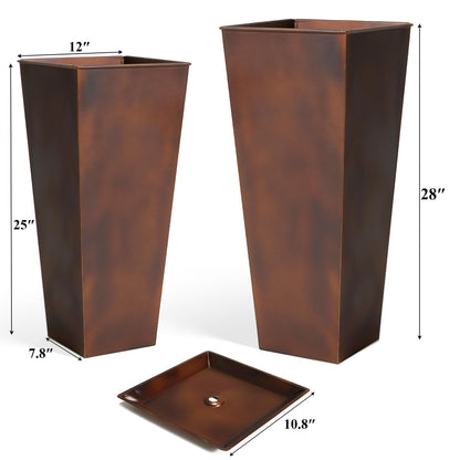 Worth Garden Large Metal Planter Set of 2 (25" & 28" H.), Matte Bronze Retro Finish Tall Square Tapered Steel Plant Pots, Decor Flower Pot Indoor & Outdoor, Drainage Hole & Dual-Purpose Plant Saucer