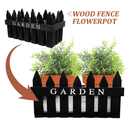 Toyvian Rectangular Wooden Fence Plant Pot for Balcony and Patio, Black Wood Planter Box with Fence Design, Outdoor Garden Flower Container for Plant Arrangement and Home Decor
