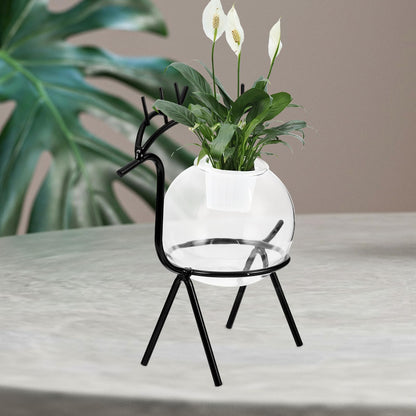 Homoyoyo Hydroponic Flower Vase with Metal Stand, Compact Dark Deer Desktop Glass Planter, Modern Terrarium Vase for Home Office Green Plant Decoration