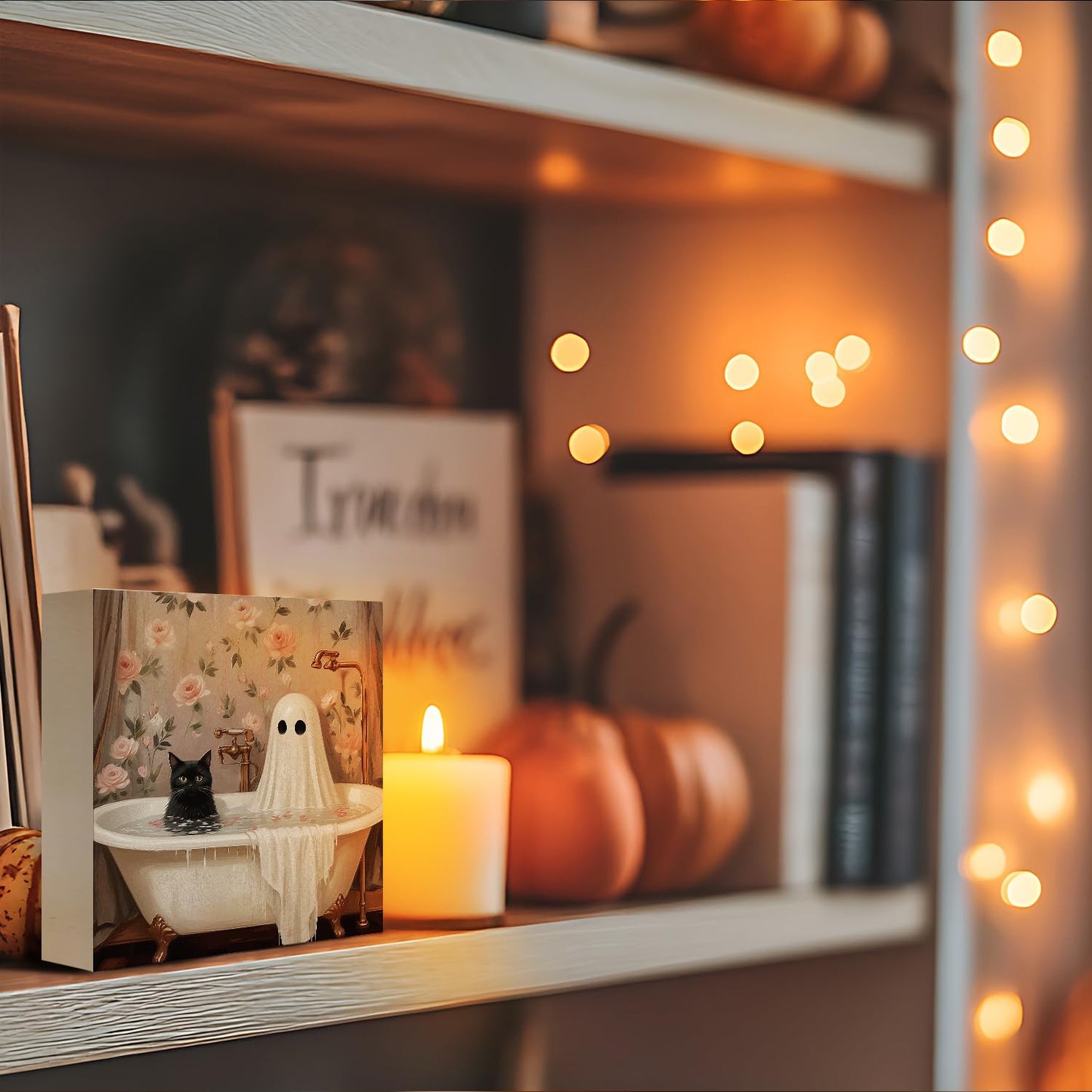 Mtrgdn Cute Halloween Decor,Halloween Decorations Indoor,Ghost with Black Cat Bathroom Decor Wooden Box Sign,Halloween Home Office Kitchen Bathroom Bedroom Desk Table Shelf Wall Decorations,5x5 Inch