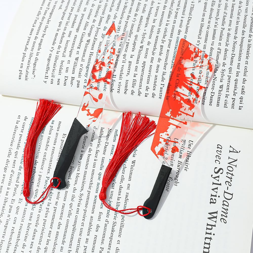 Horror Novelty Bookmark Set - 6 Creepy Tool Shapes with Blood Stain Design, Gothic Book Accessories for Halloween Gifts, Macabre Metal Page Holders with Red Tassels (6Pcs Tools of Terror)