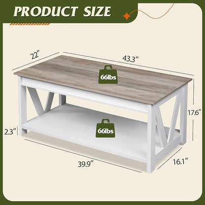 WLIVE Farmhouse Coffee Table, 43" Coffee Table for Living Room, Modern Center Table with Storage Shelf, V Shaped Support, Grey&White