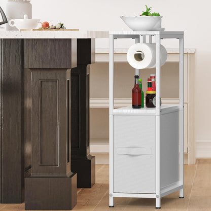 NOVIMANGO Slim Toilet Paper Storage Cabinet White, Toilet Paper Holder with Storage Bathroom Cabinet for Small Spaces Freestanding Tissue Stand with Drawer