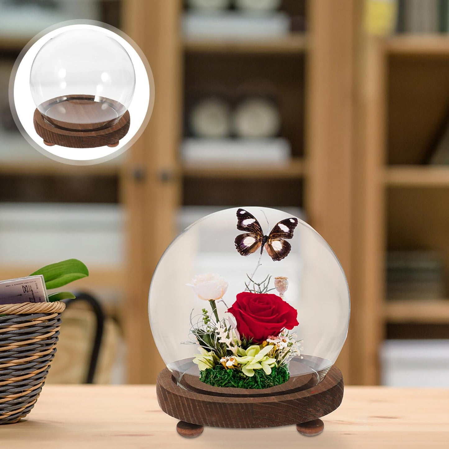 HOLIDYOYO Clear Glass Cloche Display Dome Bell Jar with Wood Base Diy Snow Globe Kit Keepsake Display Case Terrarium for Preserved Plant Succulent Craft 3.9 Inch