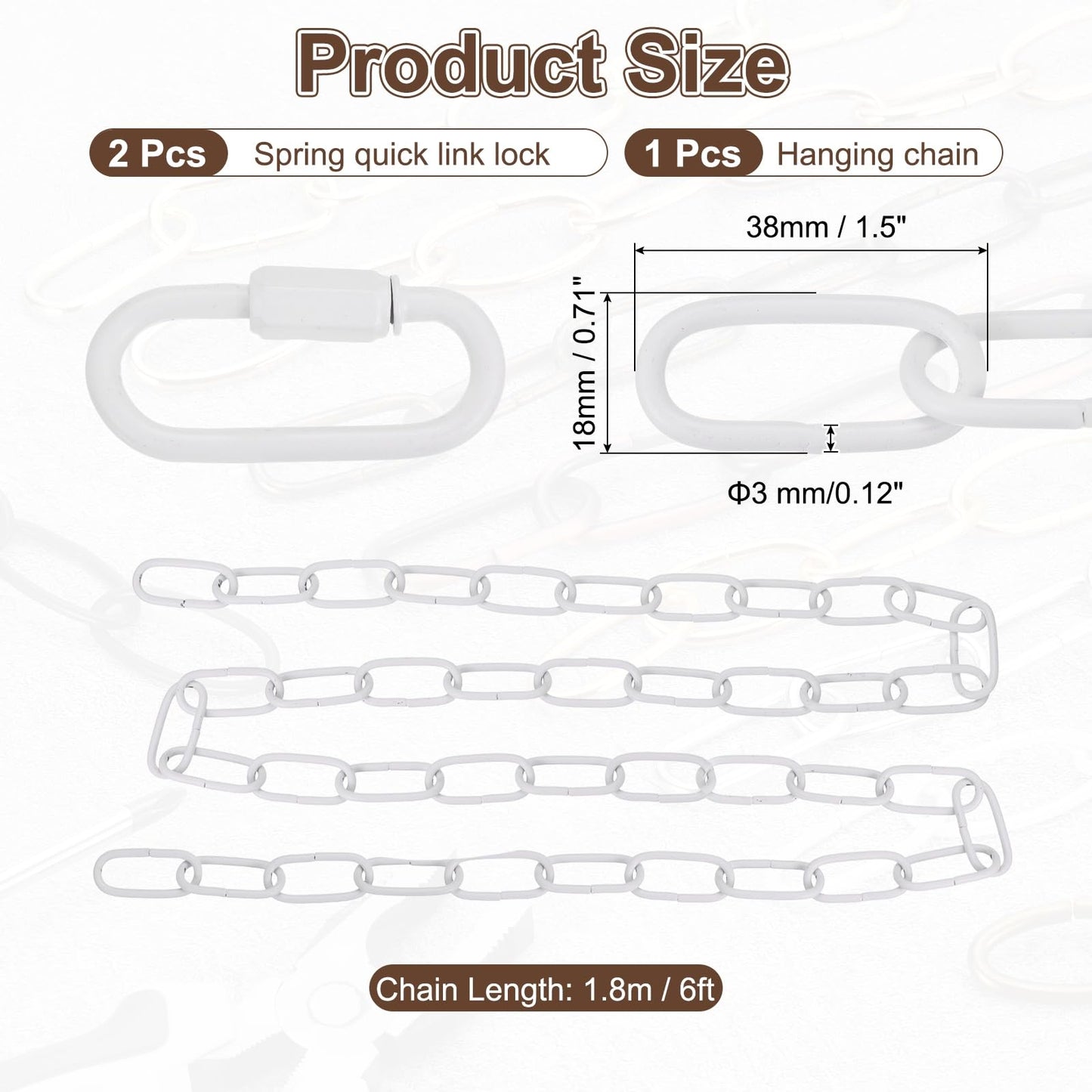 uxcell 6ft Lighting Hanging Chain, 3mm/0.12" Looping Metal Pendant Chandelier Chain Extension with 2 Quick Link Lock for Hanging Plant Pendant Chandelier Light Fixture, White