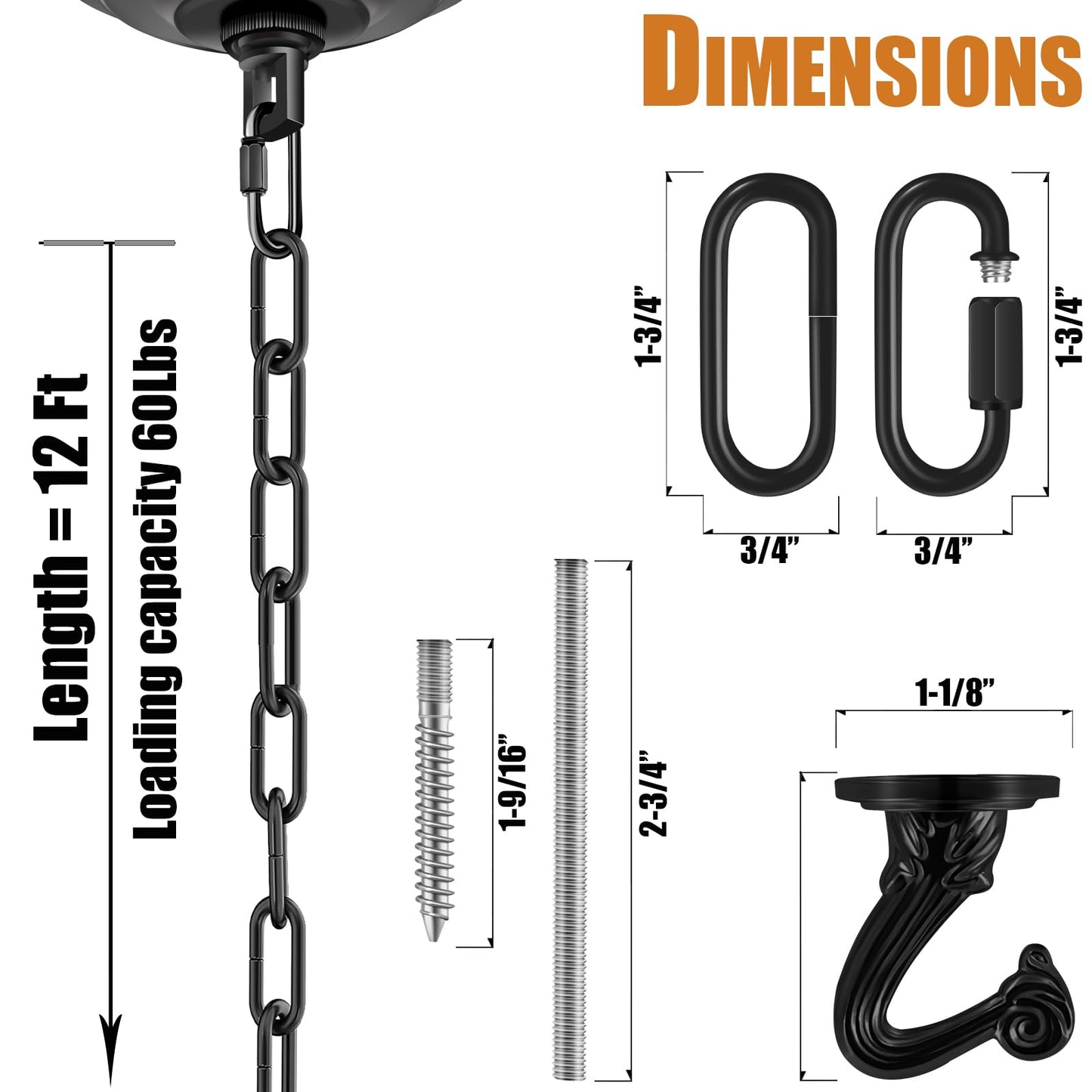 Omytie 12 Ft Heavy Duty Hanging Chain Kit with Connection Locks & Swag Ceiling Hooks for Lighting Fixture, Chandelier, Pendant, Lantern, Swag Lamp, Plant/Flower/Fruit Basket, Bird Feeder (Black)