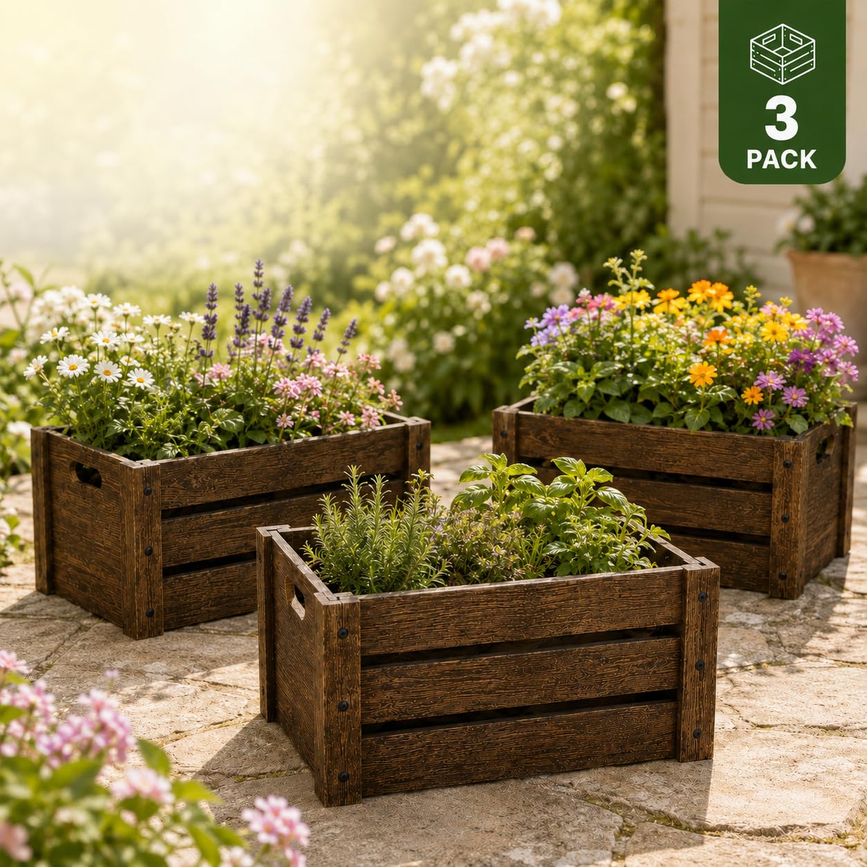 BOY MCOWBOY Wooden Crates for Display, 3 Pack Large Rustic Handmade Wood Crate for Storage, Wooden Basket with Handles, Nesting Crates Boxes for Container and Decor Living Room Outdoor Christmas