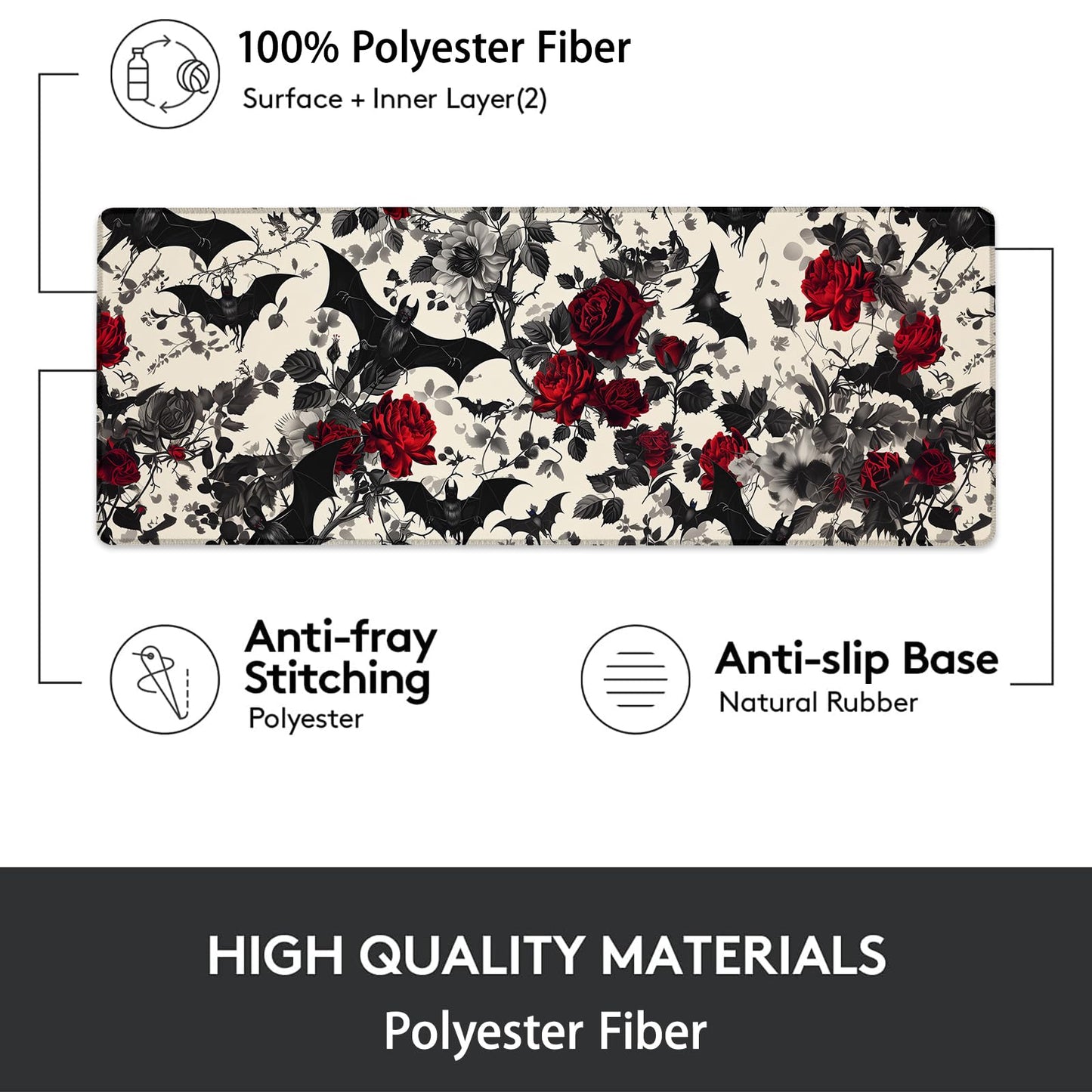 Gothic Bats and Roses Gaming Mouse Pad, Mouse Pad, Desk Mat, Non-Slip Rubber Base MousePads for Computers Laptop Office School Home Accessories Decor Gifts 31.5" x 11.8"