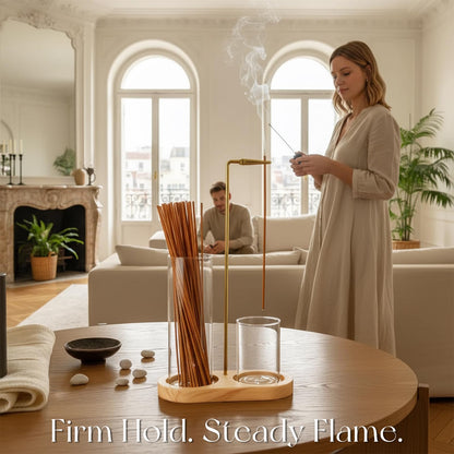 2-in-1 Incense Stick Holder with Glass Ash Catcher, Dual Glass Cups & Metal Clip, Minimalist 8-Shaped Wooden Base, Home Decor Gift (Dark Base)