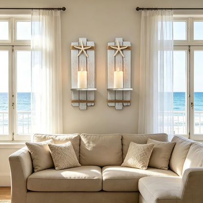 Fangoo 2Pack 15.7 Inch Natural Starfish Wooden Wall Candle Sconces Coastal Wall Decor Ocean Wall Candle Holder Beach Bathroom Decor Farmhouse Hanging Art Bedroom Gifts (White)