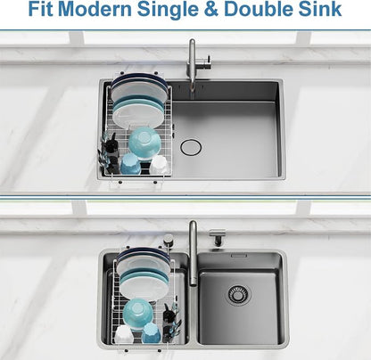 GSlife Dish Drying Rack Over the Sink - Expandable Stainless Steel Dish Drainer for Small Kitchen Apartment, Space Saving Sink Rack with Secure Lock Knob and Utensil Holder, Silver