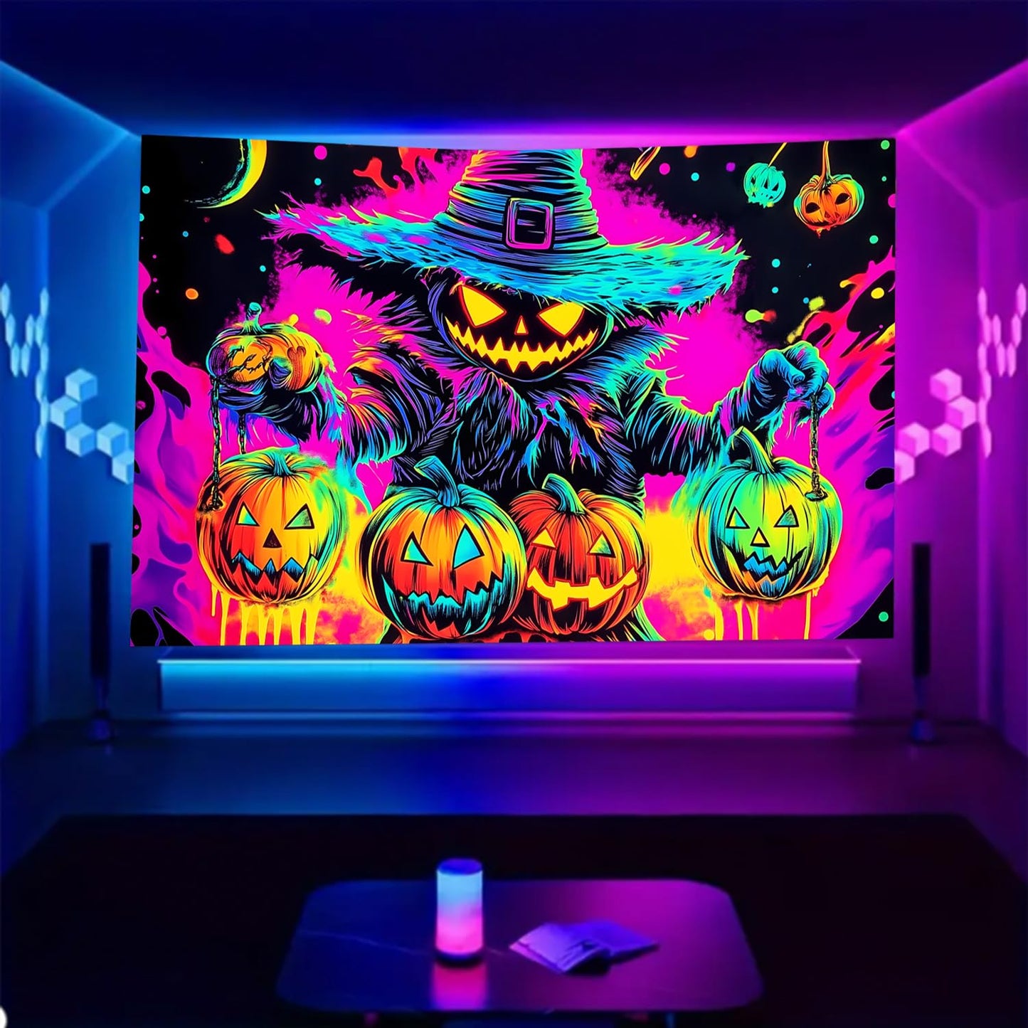 BSFHH Black Light Tapestry – UV Reactive Glow in the Dark Wall Hanging, Spooky Night Scene with Ghosts & Pumpkins, Haunting Home Decor for Parties, Bedroom, or Dorm (Pumpkin, 79L x 59W, Unframed)