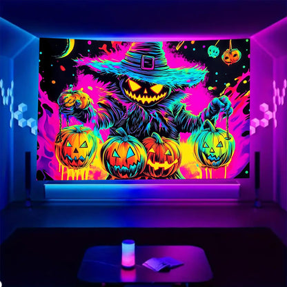 BSFHH Black Light Tapestry – UV Reactive Glow in the Dark Wall Hanging, Spooky Night Scene with Ghosts & Pumpkins, Haunting Home Decor for Parties, Bedroom, or Dorm (Pumpkin, 79L x 59W, Unframed)