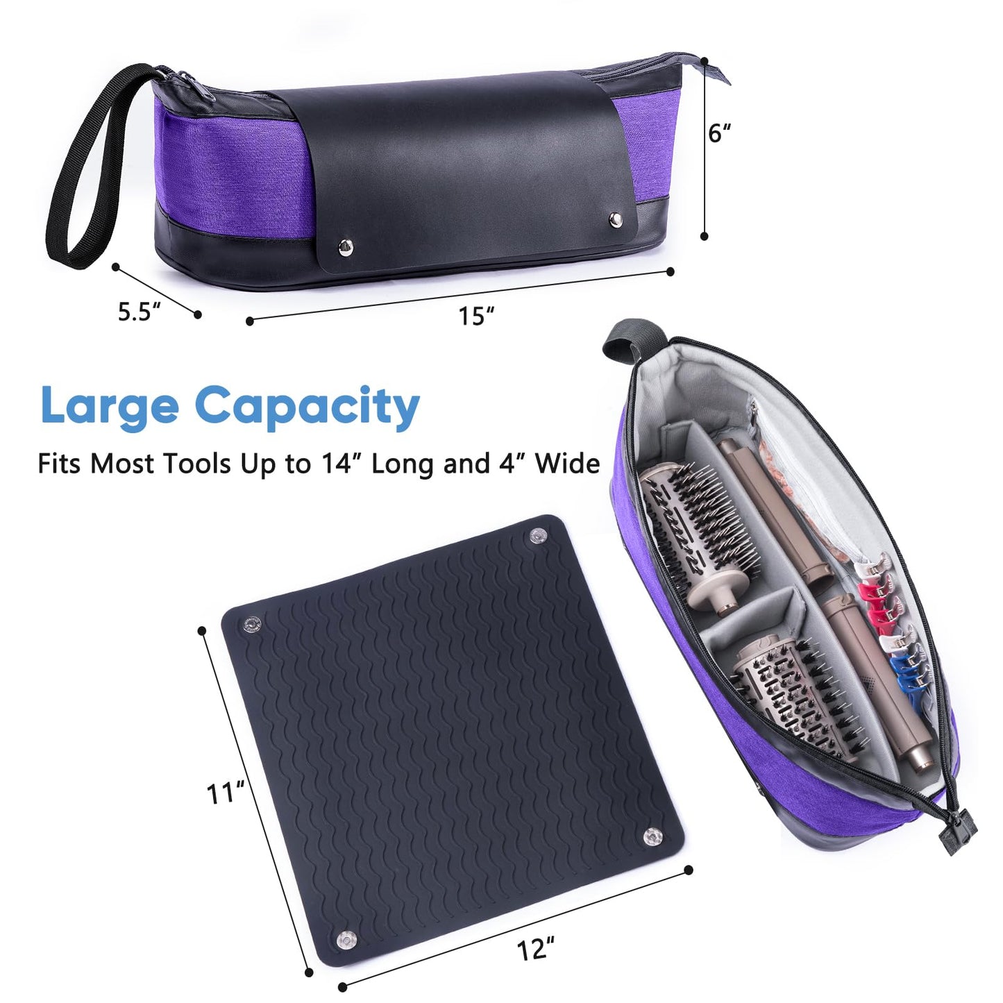 Large Hair Tools Travel Bag with Iron Mat - 2in1 Hair Tools Organizer for Hair Dryer Brush, Flat Irons, Straighteners, Curling Irons, Hair Bag, Makeup Bag, Cosmetic Bag for Travel Essentials