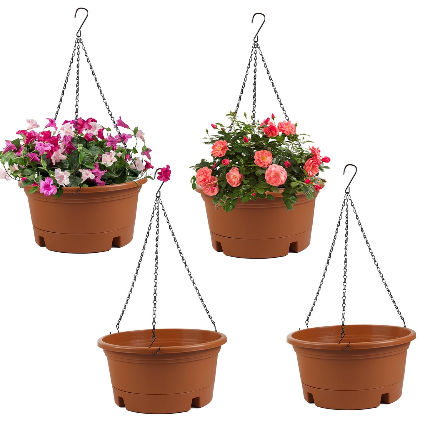 12 Inch Large Hanging Planters for Ootdoor Plants, 4 Pack Plastic Hanging Basket Pots with Drainage Trays & Chain, Hanging Pots for Plants Indoor Outdoor Garden Balcony Decoration (Terracotta)
