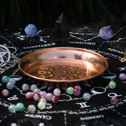 Copper Offering Bowl Prayer Ritual Plate Great for Altar,Incense Burner, smudging Bowl, Offering Dish,Candle Trays, Ash Catcher,Jewelry Dish(Twelve Tonstellations)