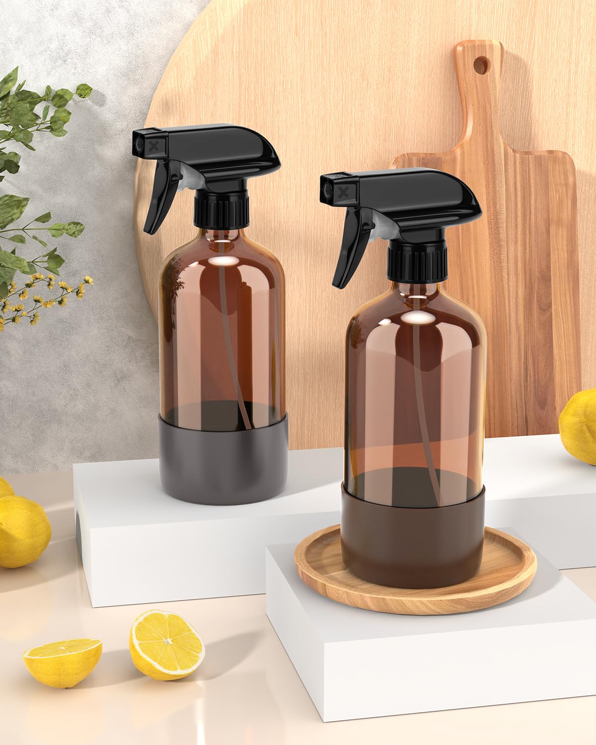 Bontip Glass Spray Bottle with Silicone Sleeve Protection, Amber Glass Spray Bottle Set for Window Cleaner Aromatherapy Facial Hydration Watering Flowers Hair Care 2 Pack/16 oz (Brown & Grey, 16 oz)